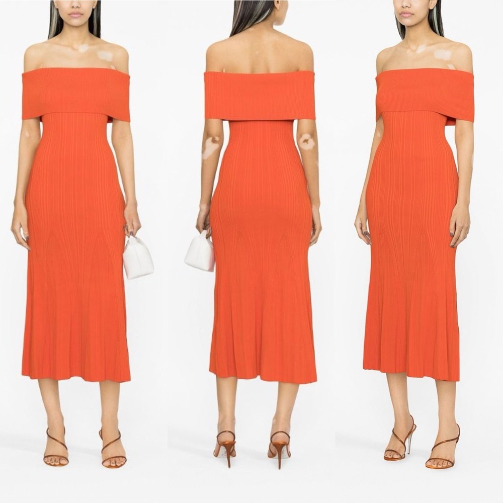 NWT Self-Portrait Off-The-Shoulder Ribbed-Knit Midi Dress Size Small - Picture 12 of 15